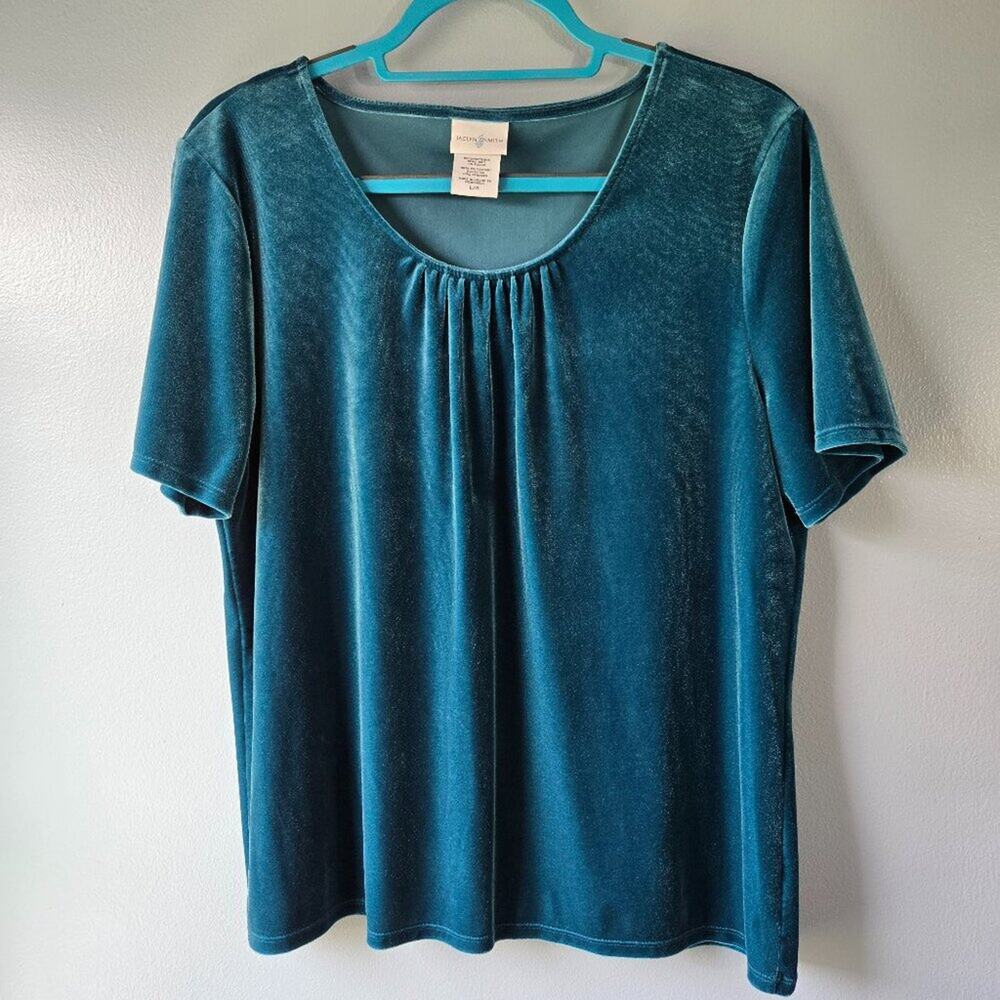 VTG Jaclyn Smith Women's Dark Green Velour Short Sleeve Stretchy Top Large NEW